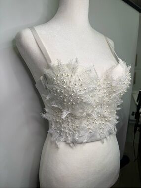 White Bustier /Corset With Pearl Beading Floral Aplique  34B XS